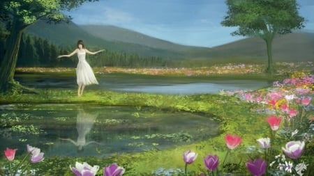 :-) - anime, water, girl, meadow, flower, manga, green, lake, art