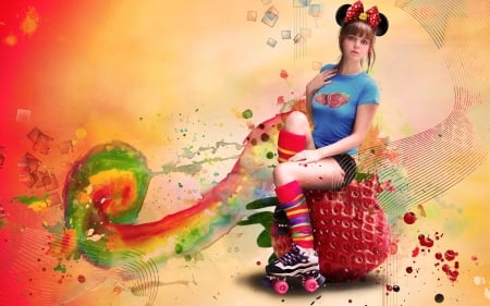 :-) - colorful, fantasy, strawberry, blue, red, girl, bow