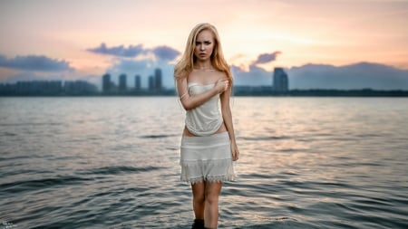 Beautiful summer day - sunset, girl, lovely, sea