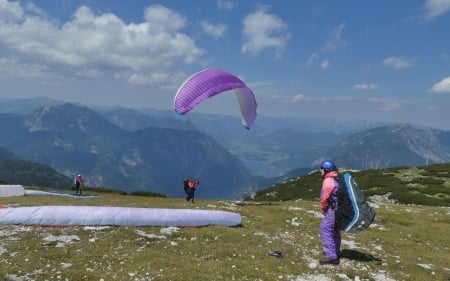 Paragliders at Start - lake, Austria, paragliding, mountains