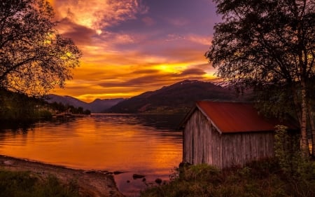 Sunset Mountain - water, glowing, view, sunset, skies, mountain