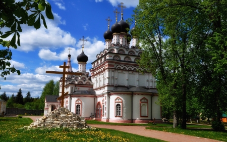 Church in Monastery - cross, trees, church, monastery