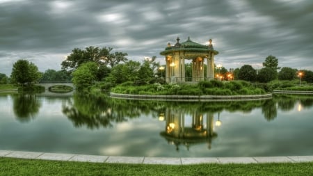 Gazebo in Park - gazebo, park, building, reflection