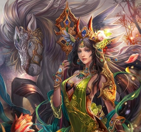 Dark queen - frumusete, jiuge, fantasy, fan yang, dark queen, horse, luminos