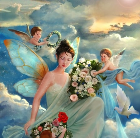 Heavenly fairy - bird, blue, dove, girl, angel, pasari, thao anh, fantasy, wings, cute, jidu276