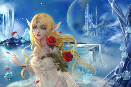 Elf beauty - winter, blue, grl, girl, blonde, flower, elf, frumusete, thao anh, fantasy, red, iarna, rose, luminos, jidu276