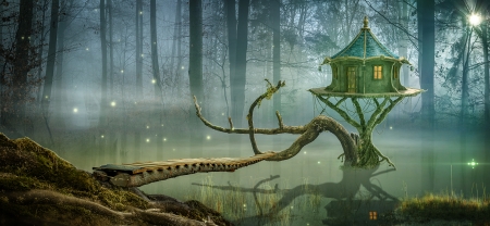 The swamp - luminos, water, green, house, swamp, bridge, fantasy, annewipf