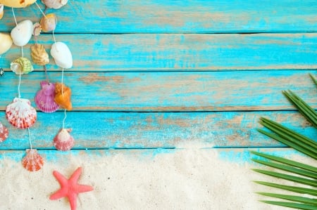 Happy Summer! - summer, blue, wood, pink, sand, shell, starfish, card, vara