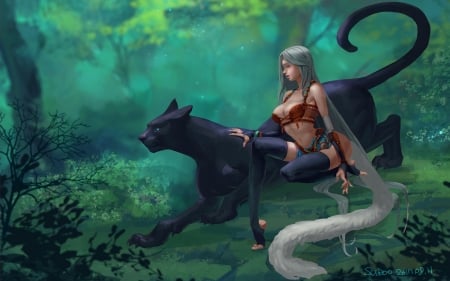 Fantasy girl and black panther - girl, black panther, suroo, fantasy