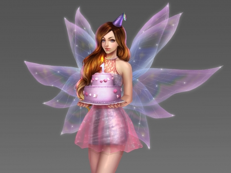 Happy Birthday! - girl, wings, fantasy, cake, renaillusion, luminos, pink, fairy, birthday