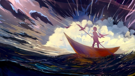 Storm - hangmoon, art, luminos, sea, fantasy, boat, bird, storm