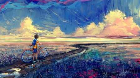 :-) - hangmoon, cloud, blue, anime, bycicle, manga