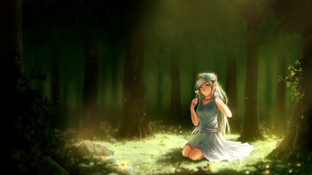 Elf girl - anime, girl, meadow, forest, elf, manga, juh juh, green, art