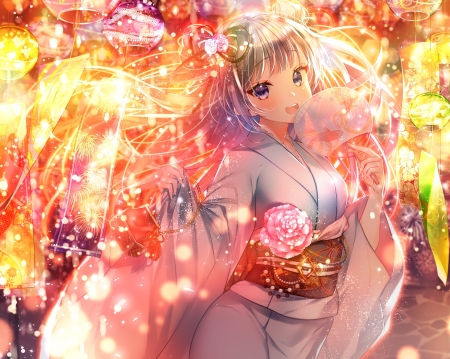 :-) - hand fan, leti, anime, orange, kimono, fireworks, fantasy, manga