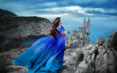 Swallow's nest - girl, vara, summer, wind, model, castle, blue, sea, dress