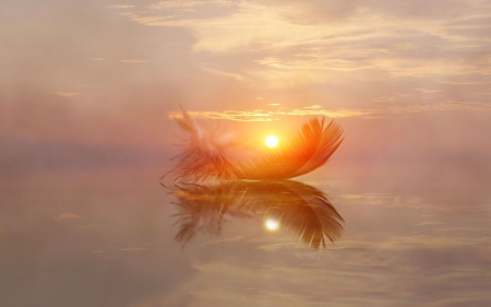 :-) - fantasy, sunset, boat, sea, sunrise, feather, orange, reflection