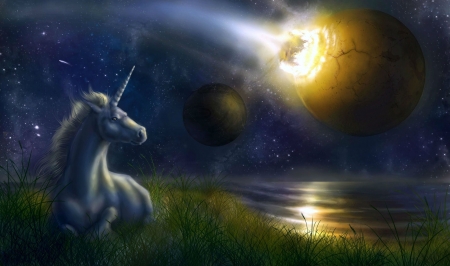 Unicorn Under Moon - moon, water, sky, fantasy