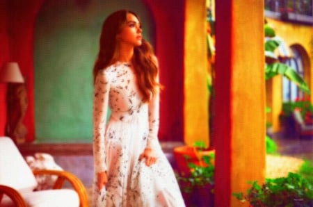 Jessica Alba-oil painting 4 - dress, white, outdoors, model