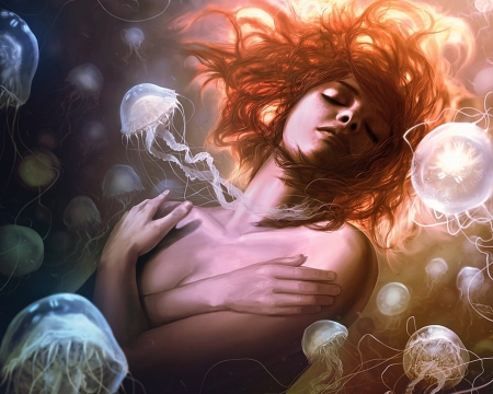 Mermaid - water, summer, girl, sea, orange, fantasy, jellyfish, siren, redhead, mermaid, art, vara, luminos