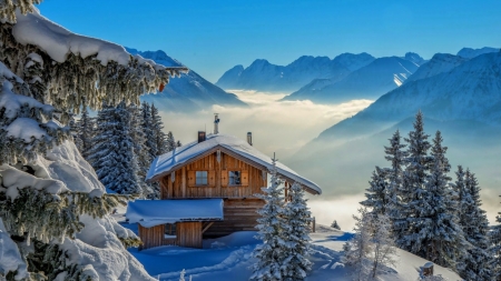 Cabin in the Winter Mountains - Mountains, Trees, Snow, Cabin, Winter, Building