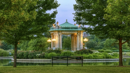 Gazebo in Park - park, bench, building, gazebo