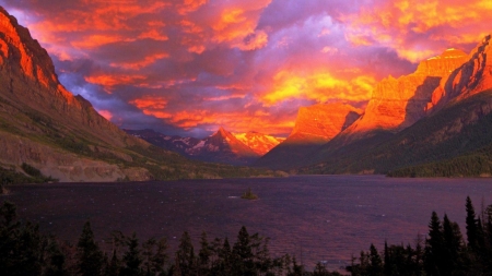 Sunset at Glacier National Park in Alberta, Canada - alberta, lake, glacier, park, canada, mountains, sunset, national