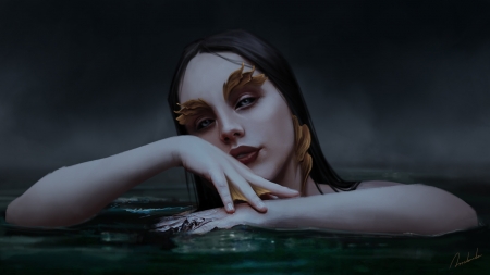 Mermaid - vara, girl, summer, fantasy, face, art, dark, siren, hand, luminos, david arredondo