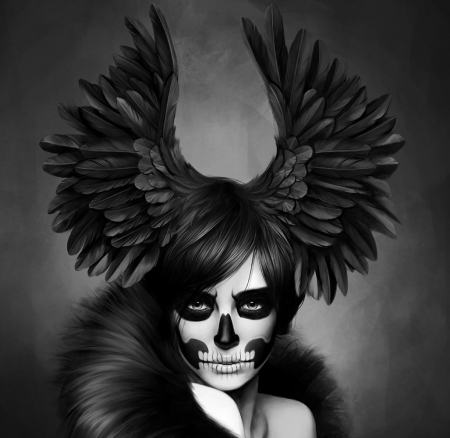 Raven Queen - feather, david arredondo, black, raven, halloween, bw, girl, dia de los muertos, skull, art, white, fantasy, luminos, queen