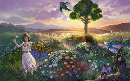 Summer evening - art, girl, vara, kite, summer, tree, fantasy, flower