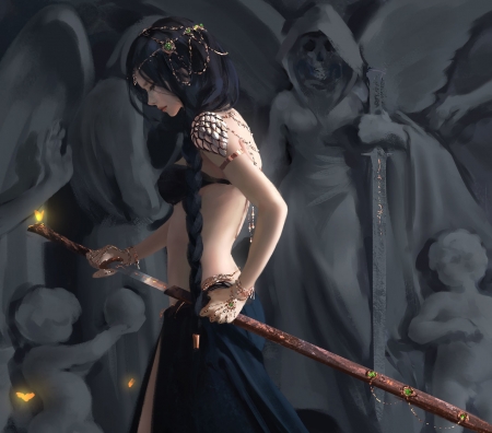 Sin - elf, fantasy, wlop, girl, art, luminos