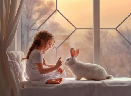 Little Girl - Window, Girl, Rabbit, Mood