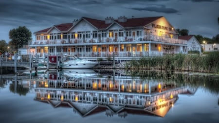 Hotel Reflection in the Lake - Hotel, Reflection, Lake, Boat, Building