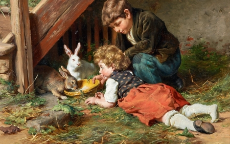 Feeding in the afternoon - rabbit, felix schlesinger, girl, children, bunny, copil, boy, pictura, painting, couple, art