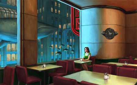 Bioshock - bioshock, coffee, whale, girl, rapture, fantasy, art, game, window, luminos, blue, fish, orange