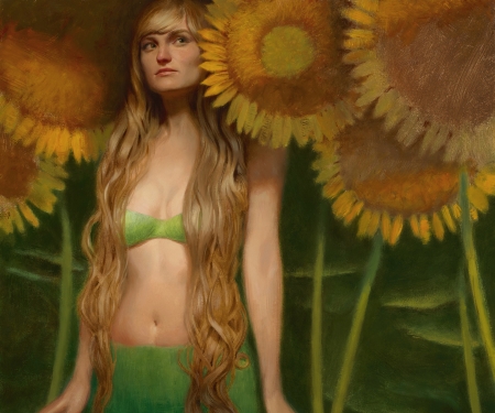 Sunflowers - yellow, summer, craig elliott, girl, blonde, fantasy, sunflower, green, art, vara, luminos