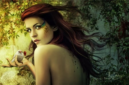 Lizzy - leaves, art, girl, bird