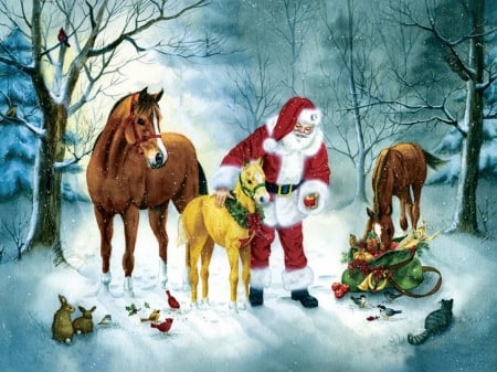 Christmas card - santa, horse, snow, holiday, christmas