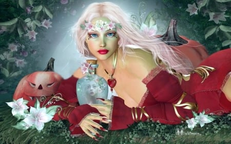 Bottled Spell - woman, lady, pumpkin, magical, fantasy, enchanting, beautiful, ethereal, bottle, spell