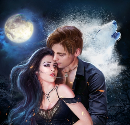 Bloodline - moon, girl, couple, lup, abeer malik, frumusete, fantasy, wolf, man, luminos, luna