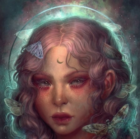 Moth girl - blue, girl, pink, fantasy, moth, lourdes saraiva, butterfly, face, art, luminos