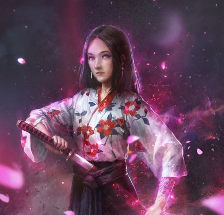 Samurai girl - qiang zhou, girl, samurai, fantasy, white, art, katana, luminos, pink, sword, kimono, flower