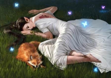 Fantasy Girl - Girl, Tattoo, Fox, Elf, Dress