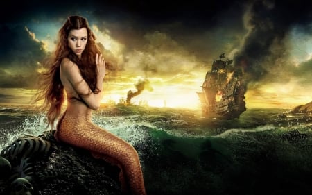 Mermaid of Dead - burn, water, mermaid, ship