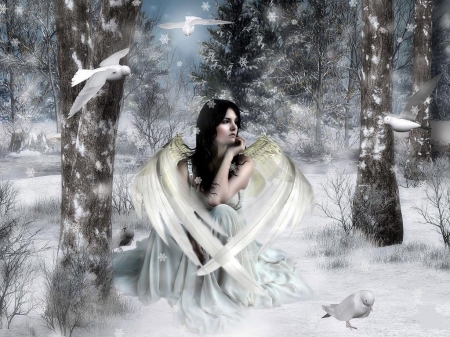 Lovely Snow Fairy - wings, fantasy, trees, snow