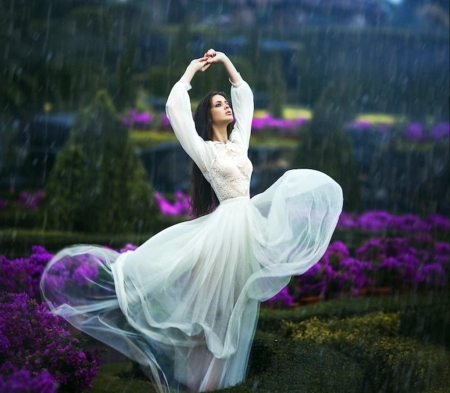 Dance In Flowers - white, woman, models, purple, dance, female, brunette, flowers