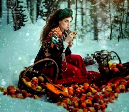 Warming By the Firecamp - Woman, Trees, Snow, Firecamp, Apples, Brunette, Pot, Coffee