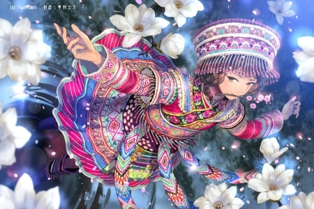 Dancer - flower, pink, lily, anime, foo midori, girl, blue, manga, white, hand, luminos, dancer