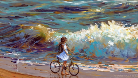 On the beach - water, hangmoon, summer, beach, girl, sea, fantasy, bycicle, art, wave, vara, luminos