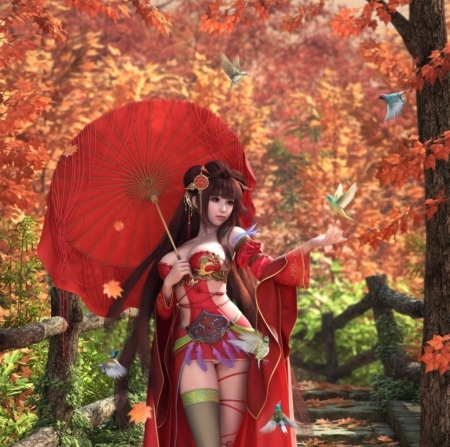 Fantasy girl - autumn, parasol, girl, frumusete, asian, fantasy, bird, cavan dnyys, cavan and danny, pasari, luminos, red, umbrella, orange