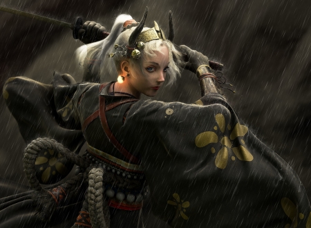 War - luo di biao, war, girl, sword, kimono, horns, fantasy, rain, katana, art, luminos, demon